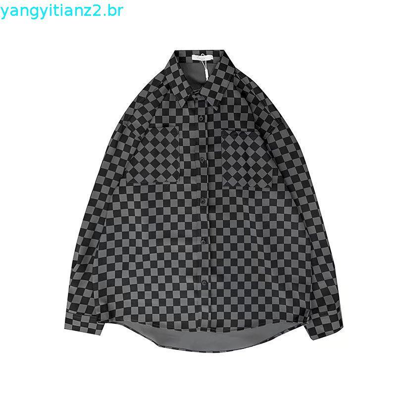 Csa xadrez masculina feminina manga longa ins na moda casal nicho lapela csa solta jaqueta Casual japonesa