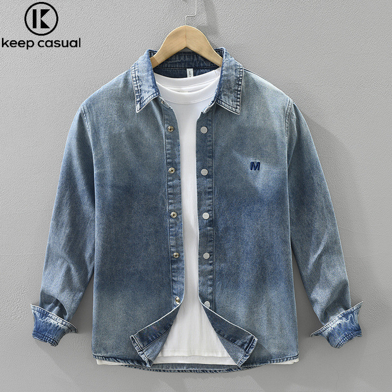 Keep Casual Mulheres Gradiente Lavado Camisa Jeans Macia Japonesa Vintage Carta Bordada Manga Longa Top