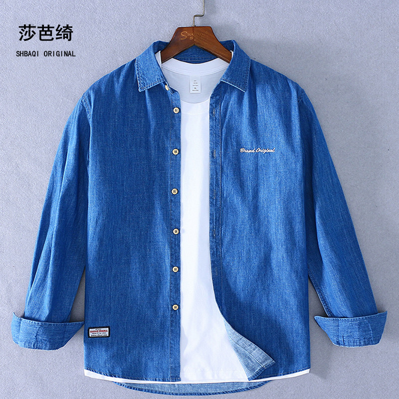 Sabaqi outono jaqueta japonesa puro algodão denim camisa masculina manga longa solta Casual na moda camisa jeans bordada