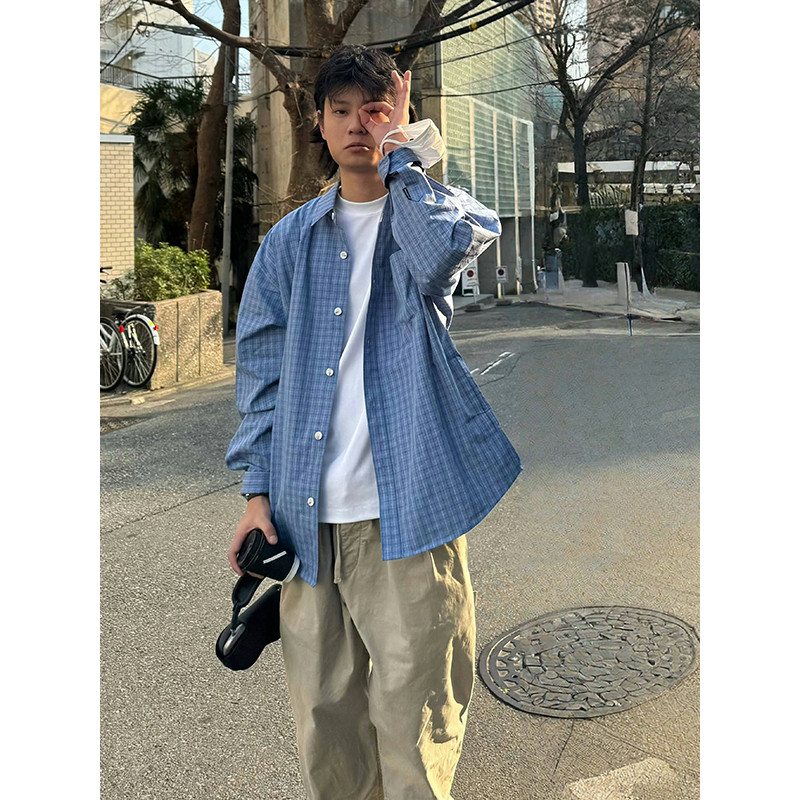 DRIVESTRAIGHT Linha Principal Japonesa Retro Casual Solta Fixa Tecido Xadrez Bolso Camisa de Manga Longa Jaqueta