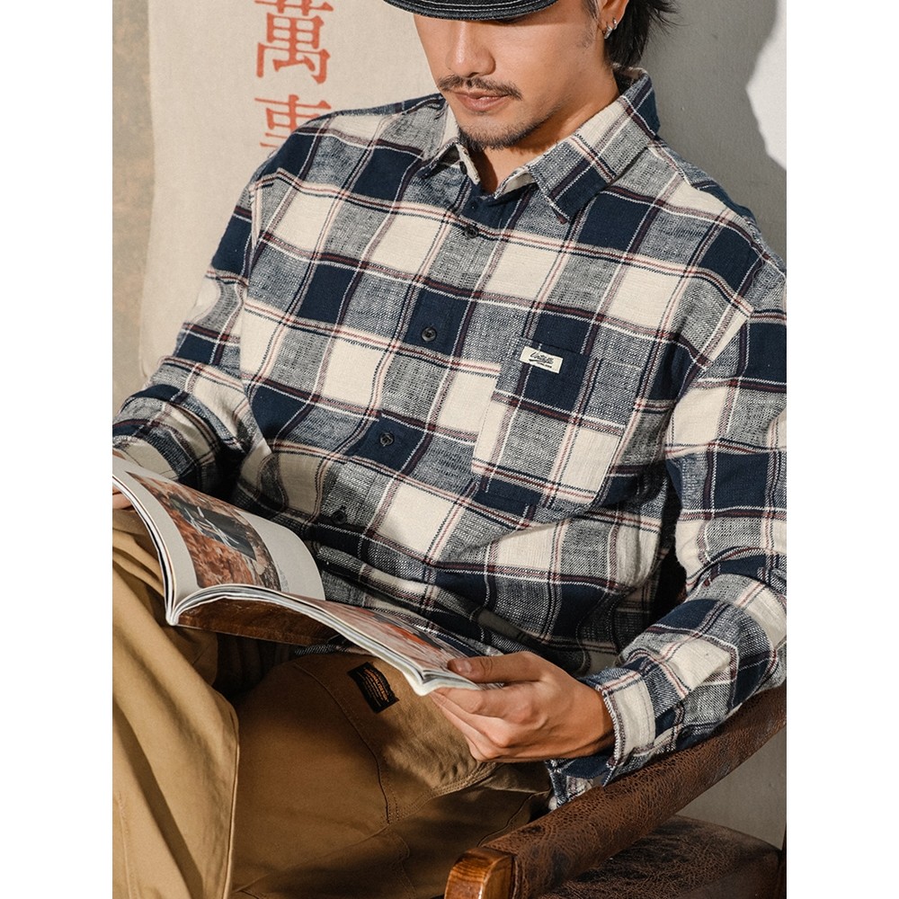 Americano Retro xadrez camisa masculina manga longa solta ins na moda camisa japonesa masculina primavera outono jaqueta