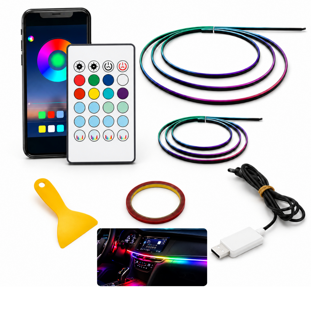 Fita de Led Neon Painel RGB Usb Interior Carro Decoração Automotiva Controle App 12v