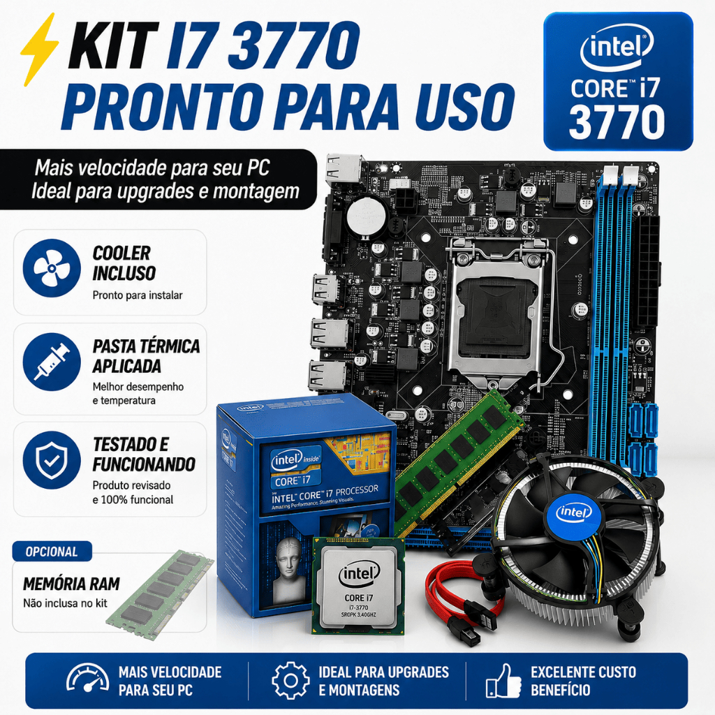 KIT GAMER INTEL CORE i7 3770 + PLACA-MÃE LGA 1155 + COOLER | 8GB OU 16GB DDR3 GRÁFICO INTEGRADO