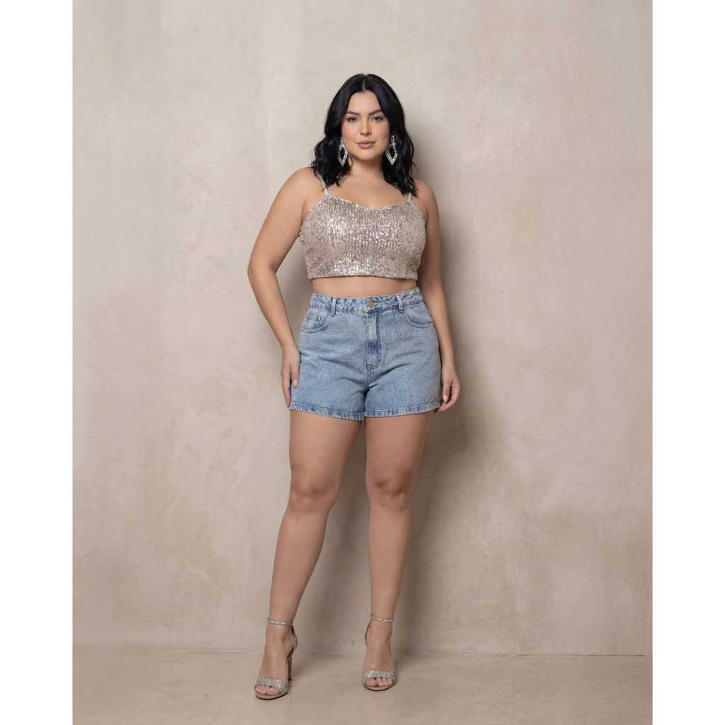 Shorts Jeans High Waist Com Brilho - Lavagem Clara