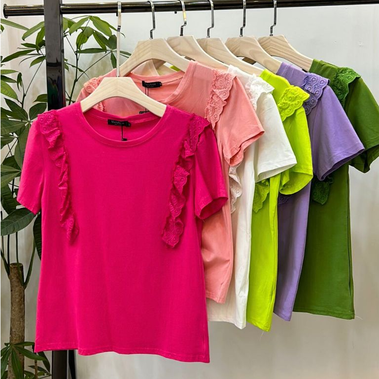 Camiseta de manga curta com babados para mulheres verão elegante high-end chique-102
