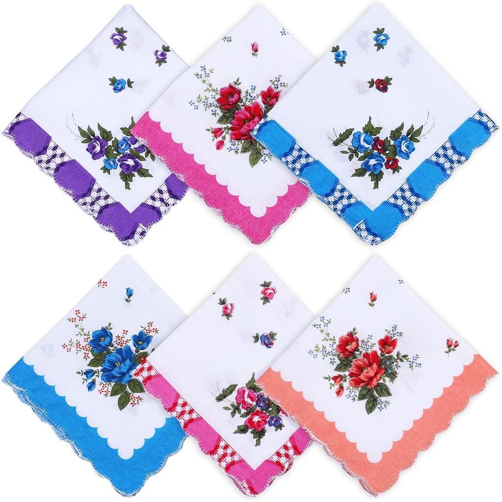 Xthrotsenk Pacote com 6 Lenços de Algodão Femininos - Floral Vintage Rústico - Feminino - Lenços - Tamanho Padrão - Padr