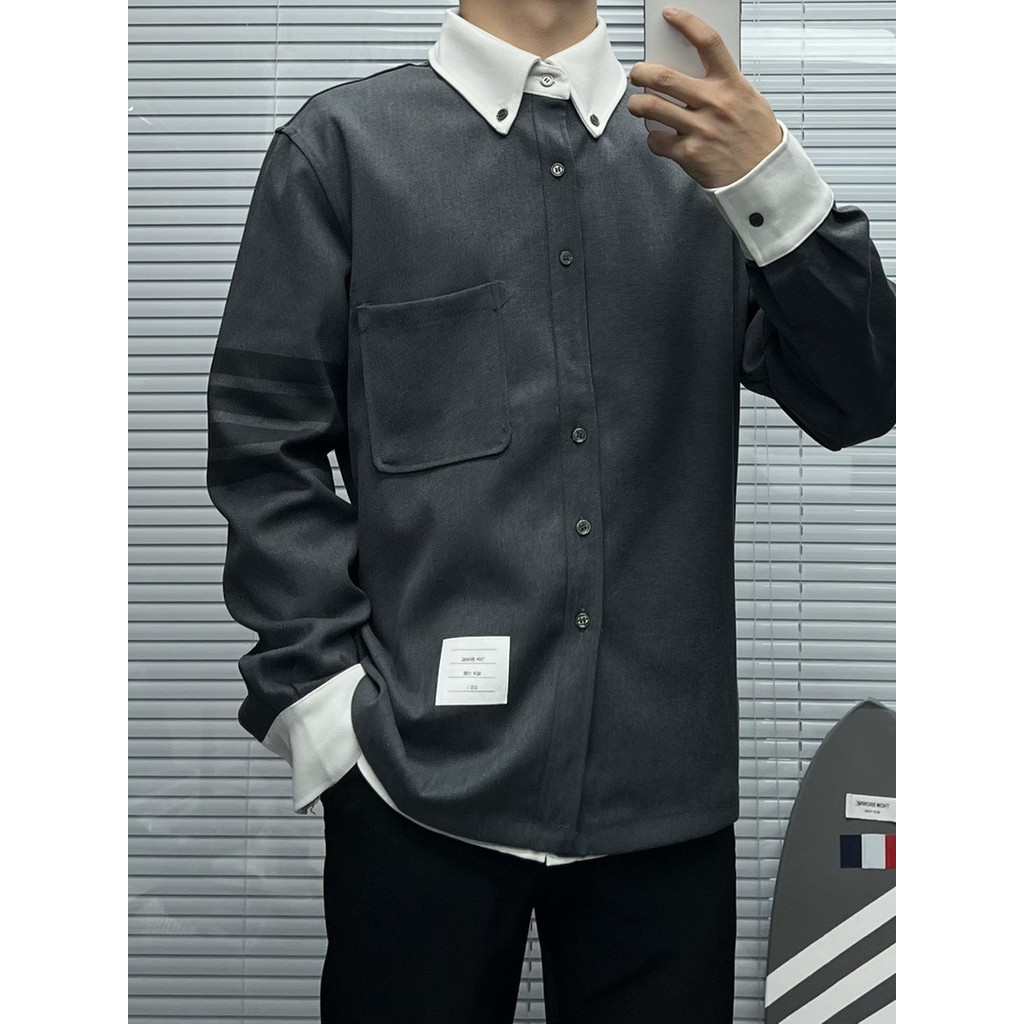 GRTS New winter collection: men's striped long-sleeved shirt jacket with a four-stripe design and a notched collar