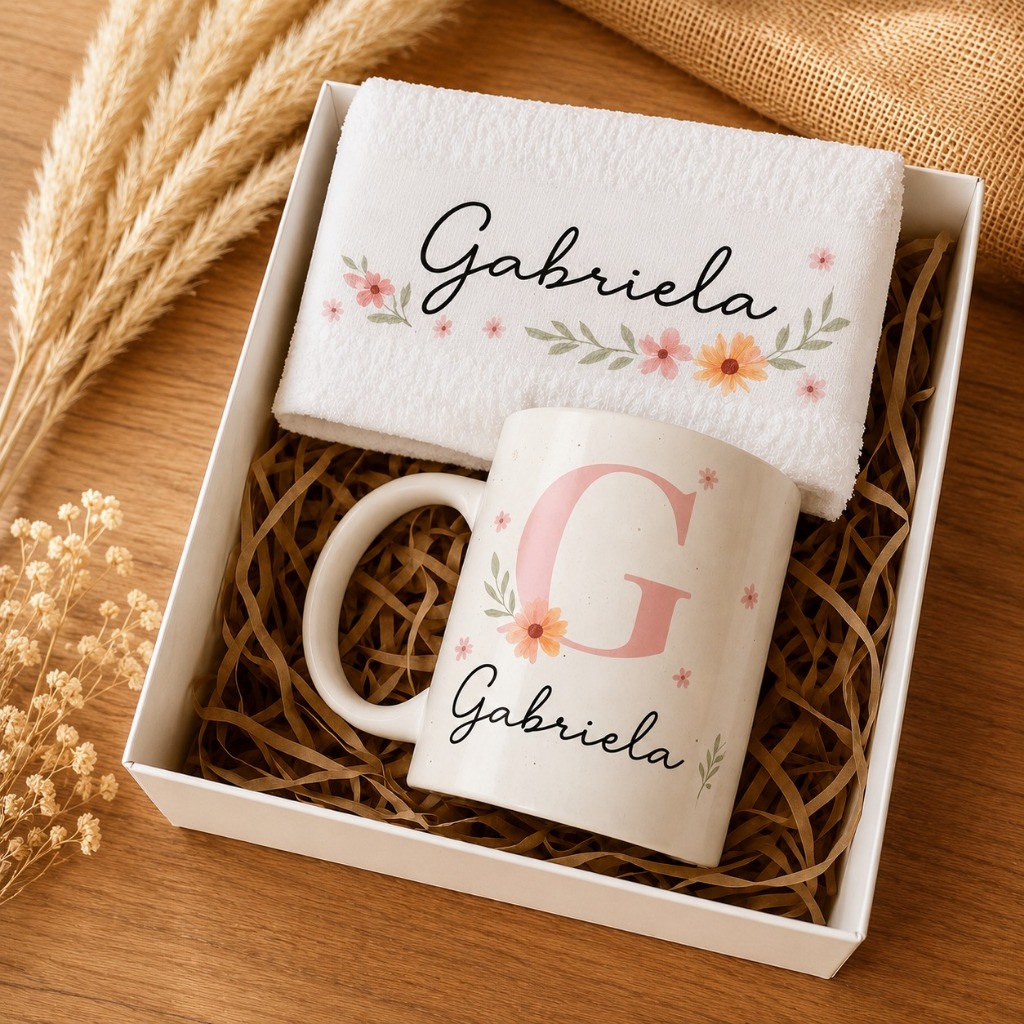 Kit Presente Personalizado Caneca + Toalhinha com Nome | Presente Dia dos Pais, Mães, Professora, Namorada, Amiga, Avós