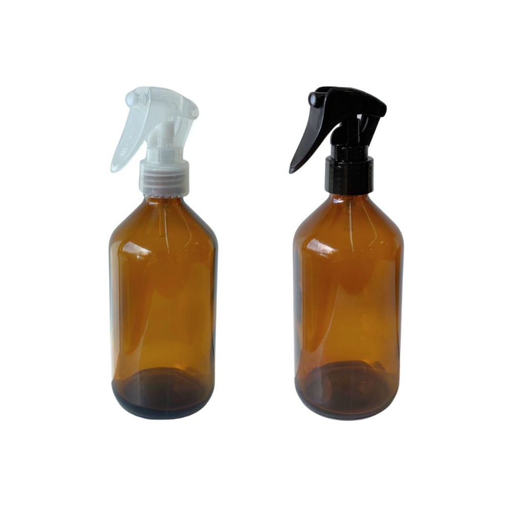 5 Frascos de Vidro Âmbar 250ml com Válvula Mini Gatilho (Preta e Natural)