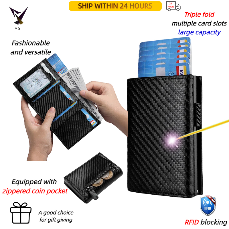 Saco de cartão masculino com escova anti-roubo RFID de três dobras, carteira de caixa de alumínio de couroCarteira mascu