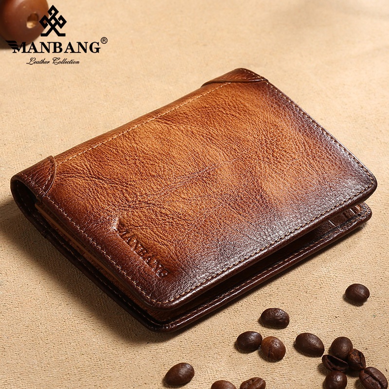 Carteira Masculina Manbang Camada De Couro Bovino Cor Marrom Clássico Três Dobras RIFD Anti-Roubo