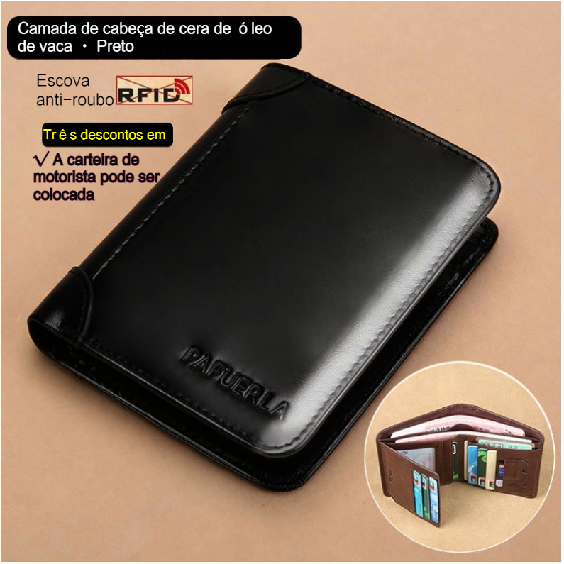 Carteira de couro vertical masculina RFID com escova anti-roubo de três dobras