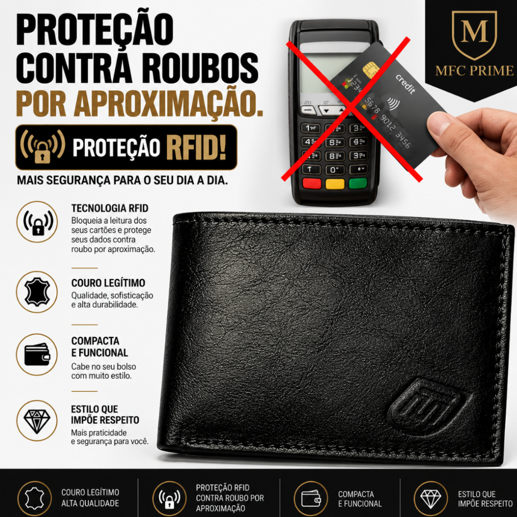 Carteira Proteção Anti Roubos Por Aproximação RFID Couro100% Legítimo Slin Preta+ Caixa Presenteável