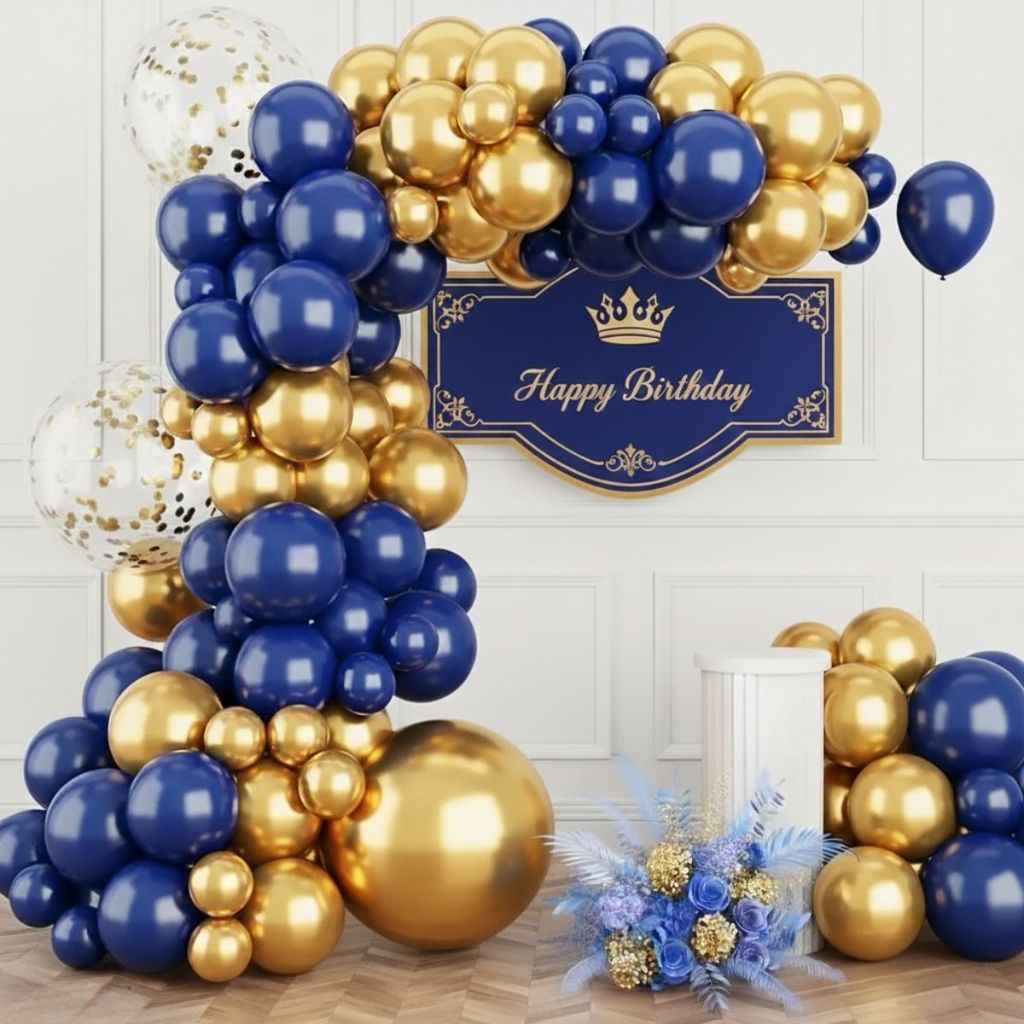 Kit 110 Balões Azul Bexiga Dourado Cromado Metalizado Decoração Festa Aniversário Formatura Arco Desconstruído + Fita