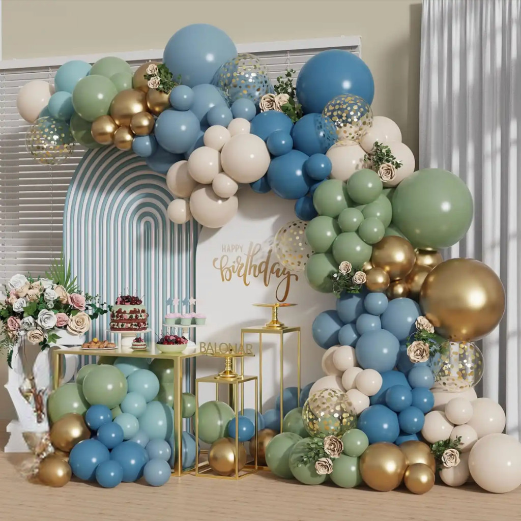 Kit 100 Balões Azul Bexiga Verde Eucalipto Dourado Metalizado Decoração Festa Aniversário Arco+Fita