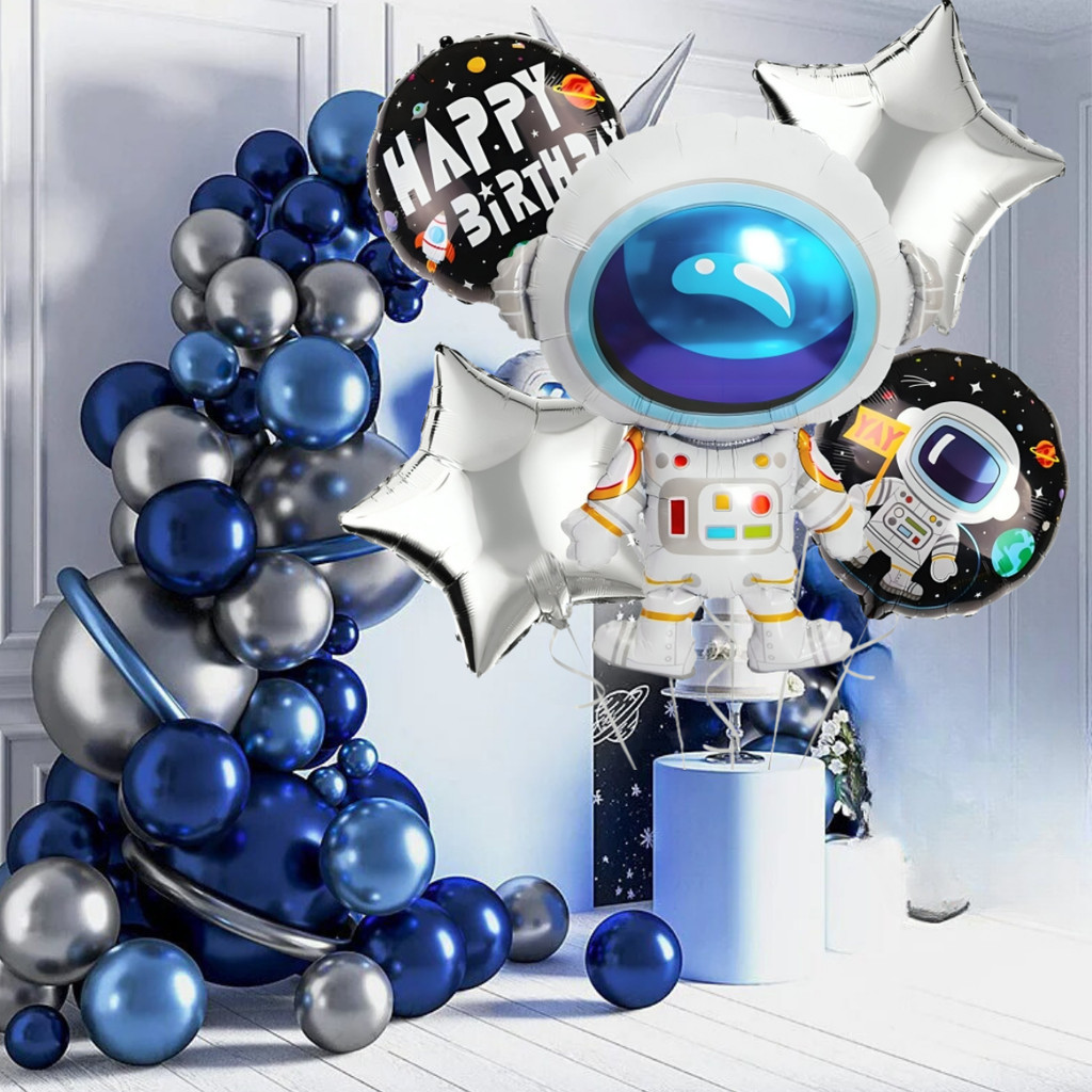 Kit 110 Balões Azul Prata Cromado Metalizado Astronauta Espaço Desconstruído Bexiga Decoração Festa Aniversario + Fita