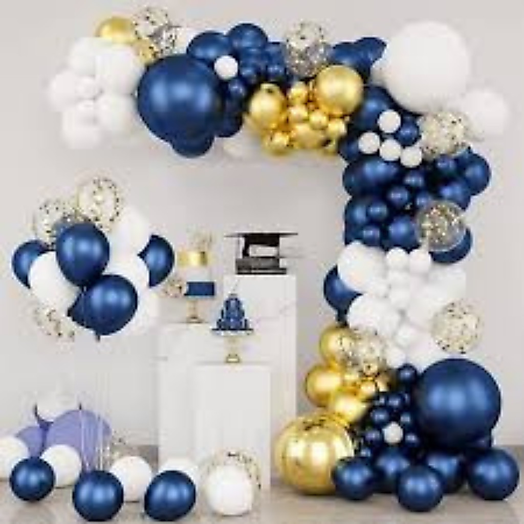 Kit 145 Balões Azul Escuro Branco Bexiga Dourado Cromado Metalizado Arco Desconstruído Decoração Festa Aniversario+Fita