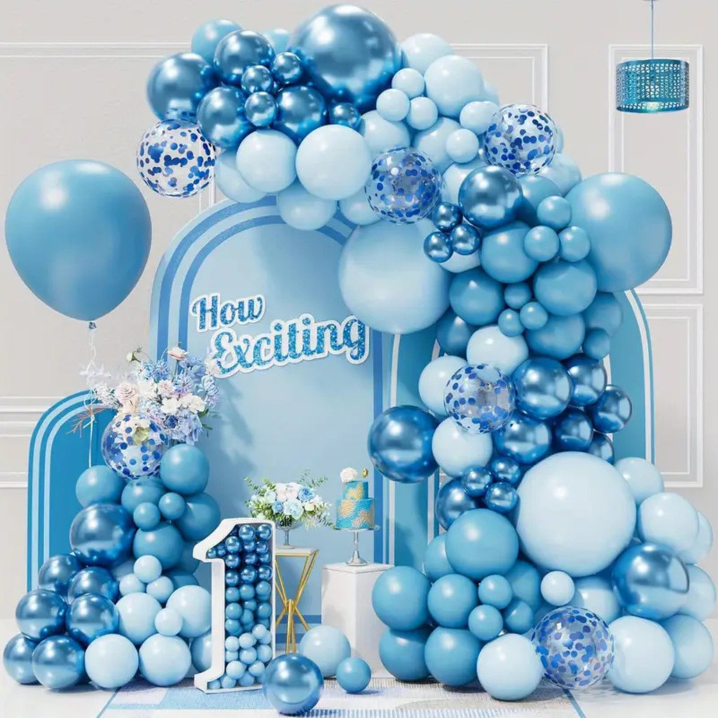 Kit 140 Balões Azul Metalizado Liso Bexiga Azulado Cromado Decoração Arco Desconstruído + Fita Festa Aniversário Bebê