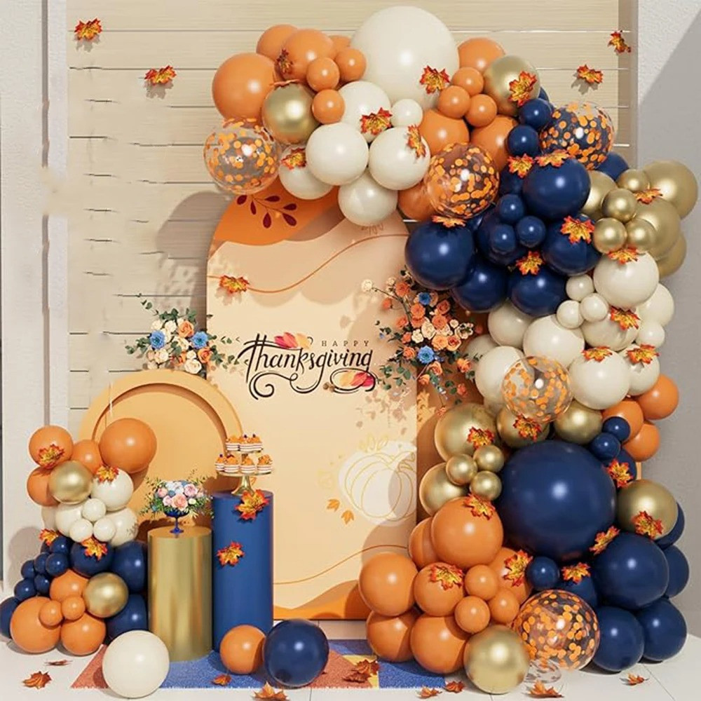 Balões Kit 140 Bexiga Luxo Laranja Azul Dourado Cromado Metalizado Decoração Desconstruído Festa Aniversário Arco + Fita
