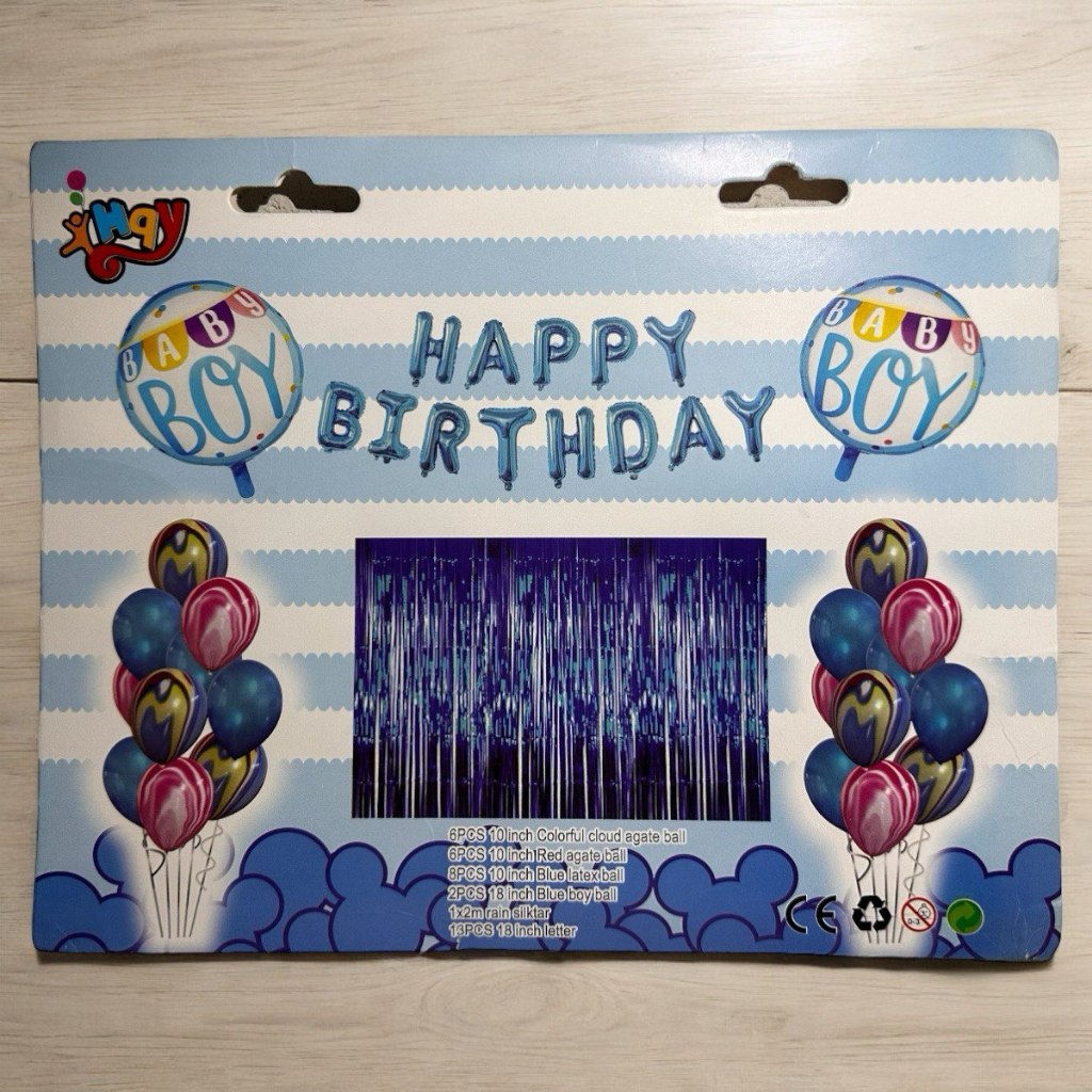 Kit c/ 36 pcs Balão Metalizado Happy Birthday Bexigas Cortina Metálica Azul