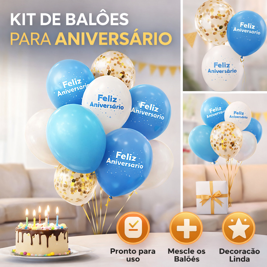 Kit 9 Balões Metalizados Feliz Aniversário AZUL – Bexigas Decorativas Festa