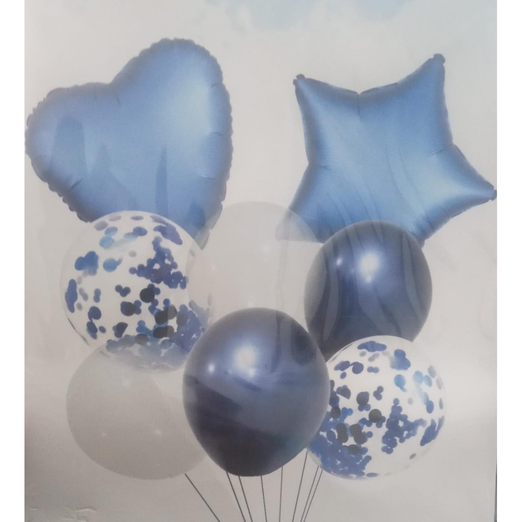 Kit 8 PÇ Buque Balões Bexiga/Balão Metalizado Coração  estrela cor azul