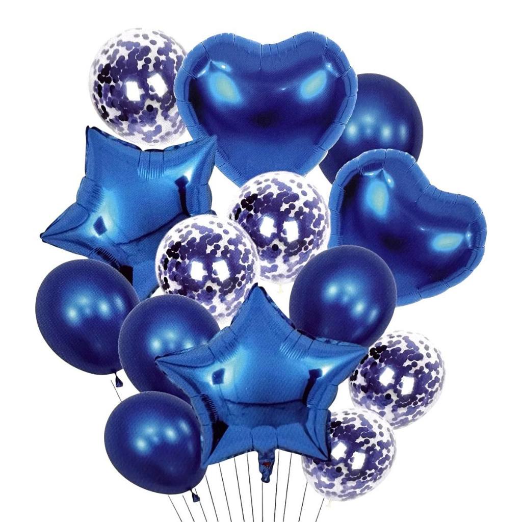 Kit Buquê 14 Pcs Azul Balão Metalizado Bexiga Estrela Coração Festa Decoração Enfeite
