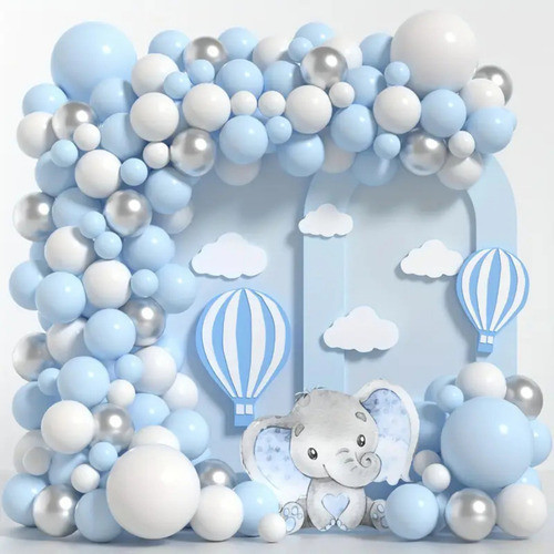 Kit 135 Balões Bebê Azul e Branco Bexiga Metalizado Prata Decoração Festa Arco Desconstruido +Fita