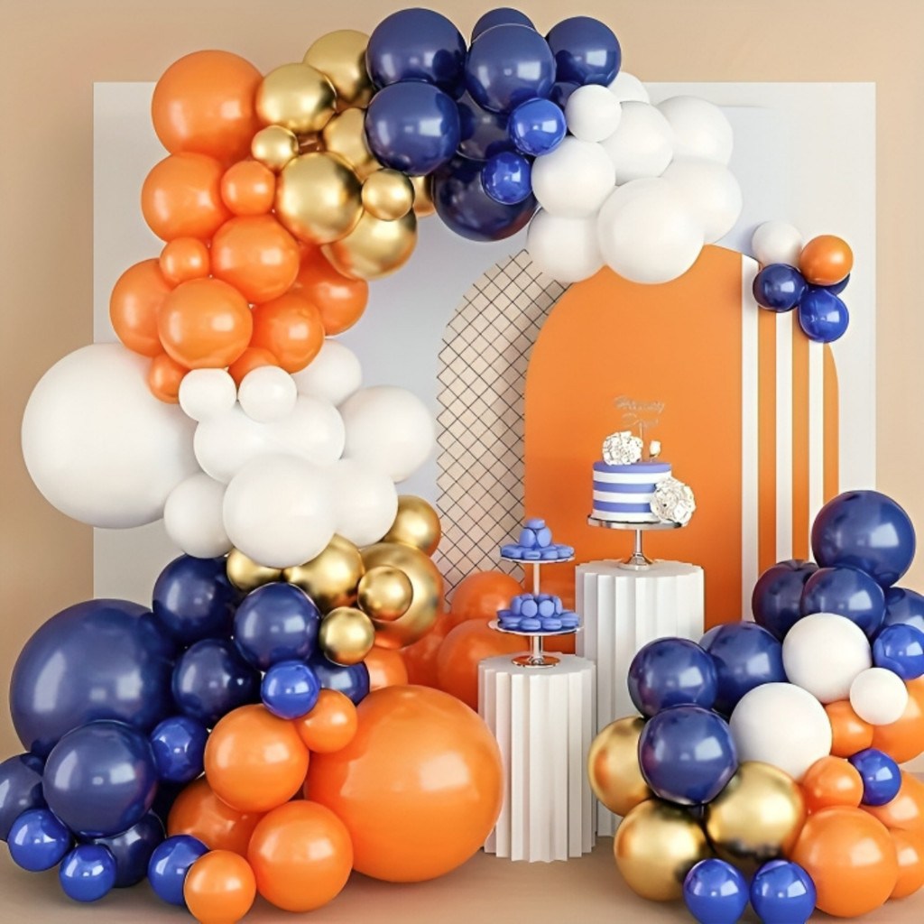 Kit 135 Balões Laranja Azul Escuro Dourado Metalizado Festa Bexiga Arco Desconstruido Aniversário