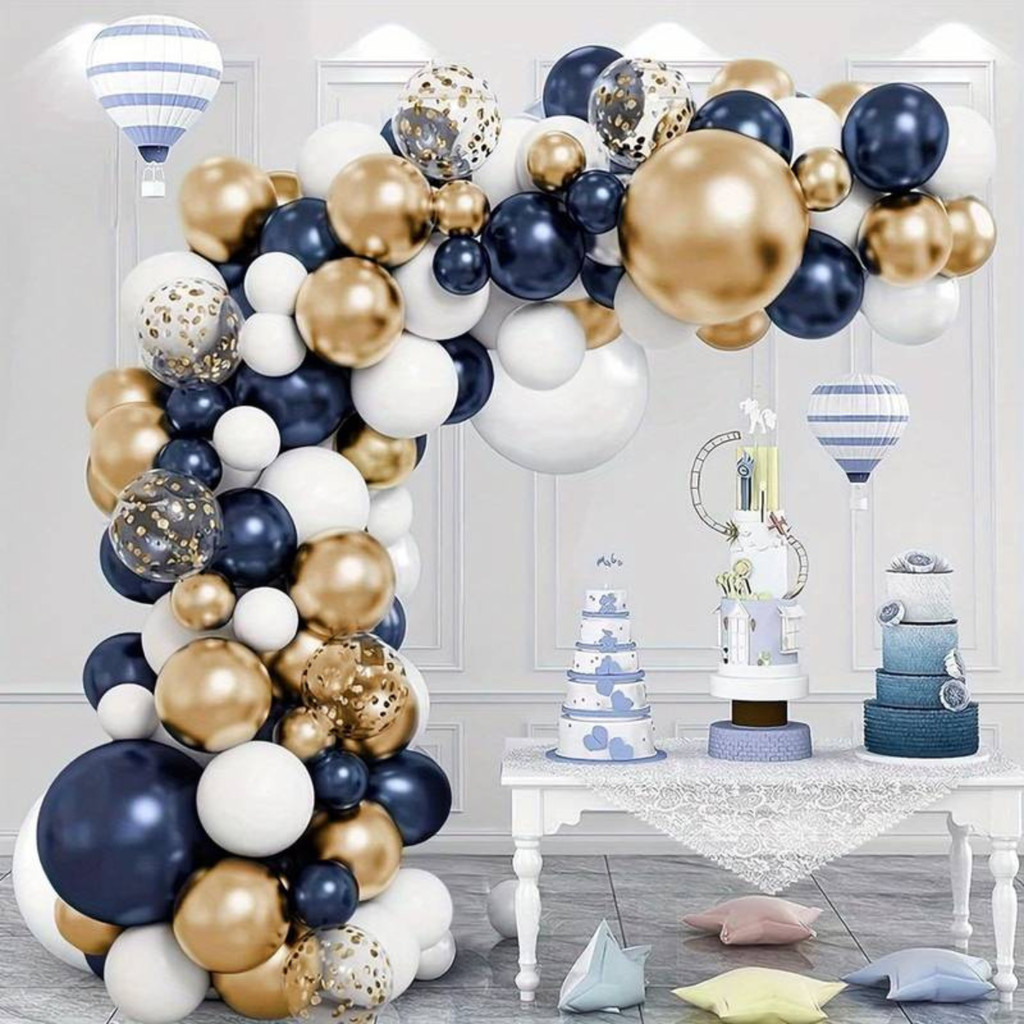 Kit 140 Balões Azul Escuro Dourado Metalizado Branco Arco Desconstruido Bexiga Decoração Festa+Fita