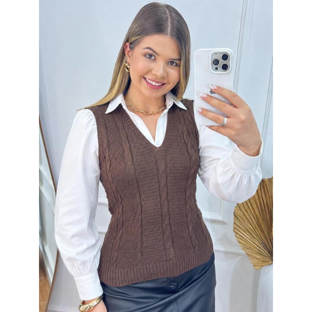 Blusa Regata Feminina Estilosa Colete Feminino VALENTINA Gola V Tranças Tricot Chic Elegante Moda