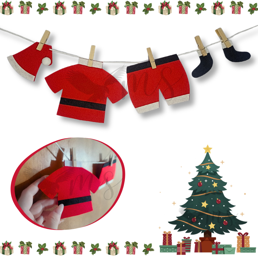 Guirlanda Varal Natalino Roupa Soft Papai Noel Decoração Enfeite de Natal para Porta Janela Vitrine