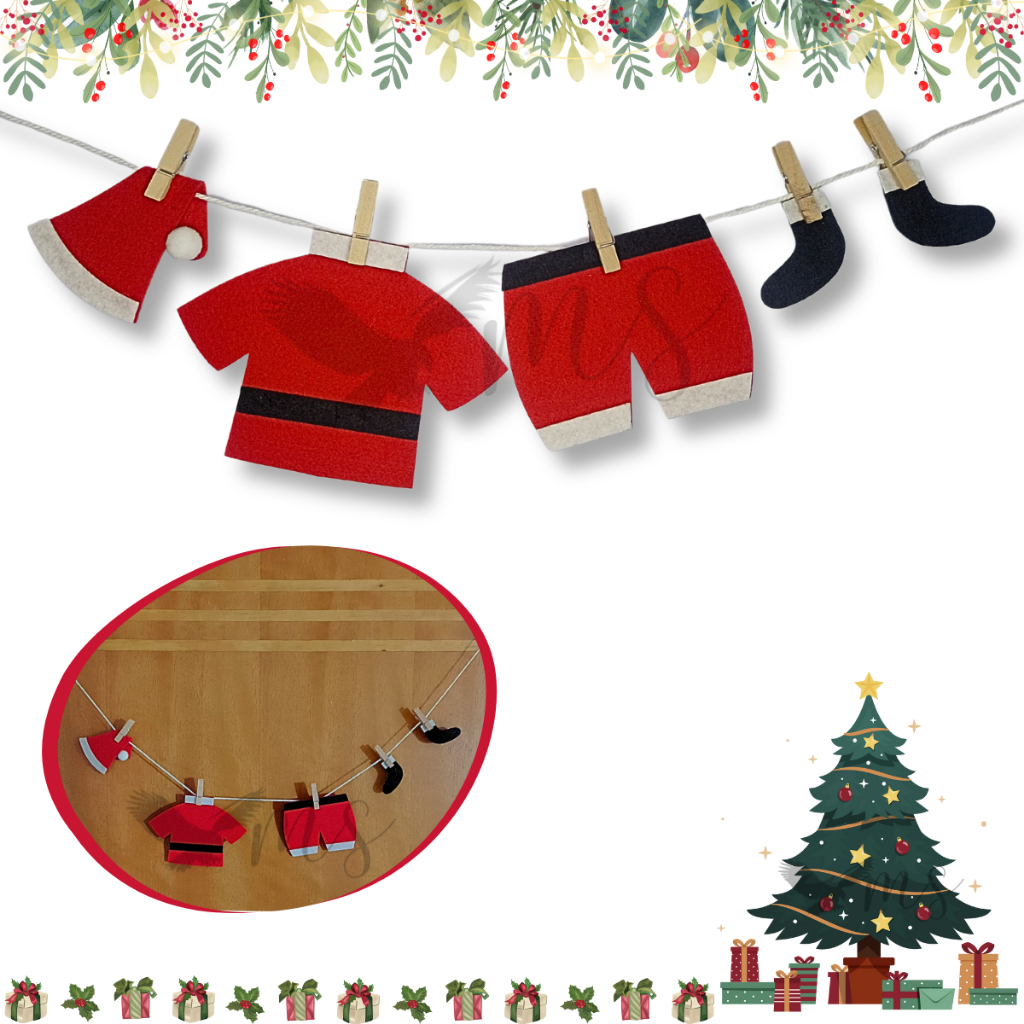 Guirlanda Varal Natalino Roupa Soft Papai Noel Decoração Enfeite de Natal para Porta Janela Vitrine