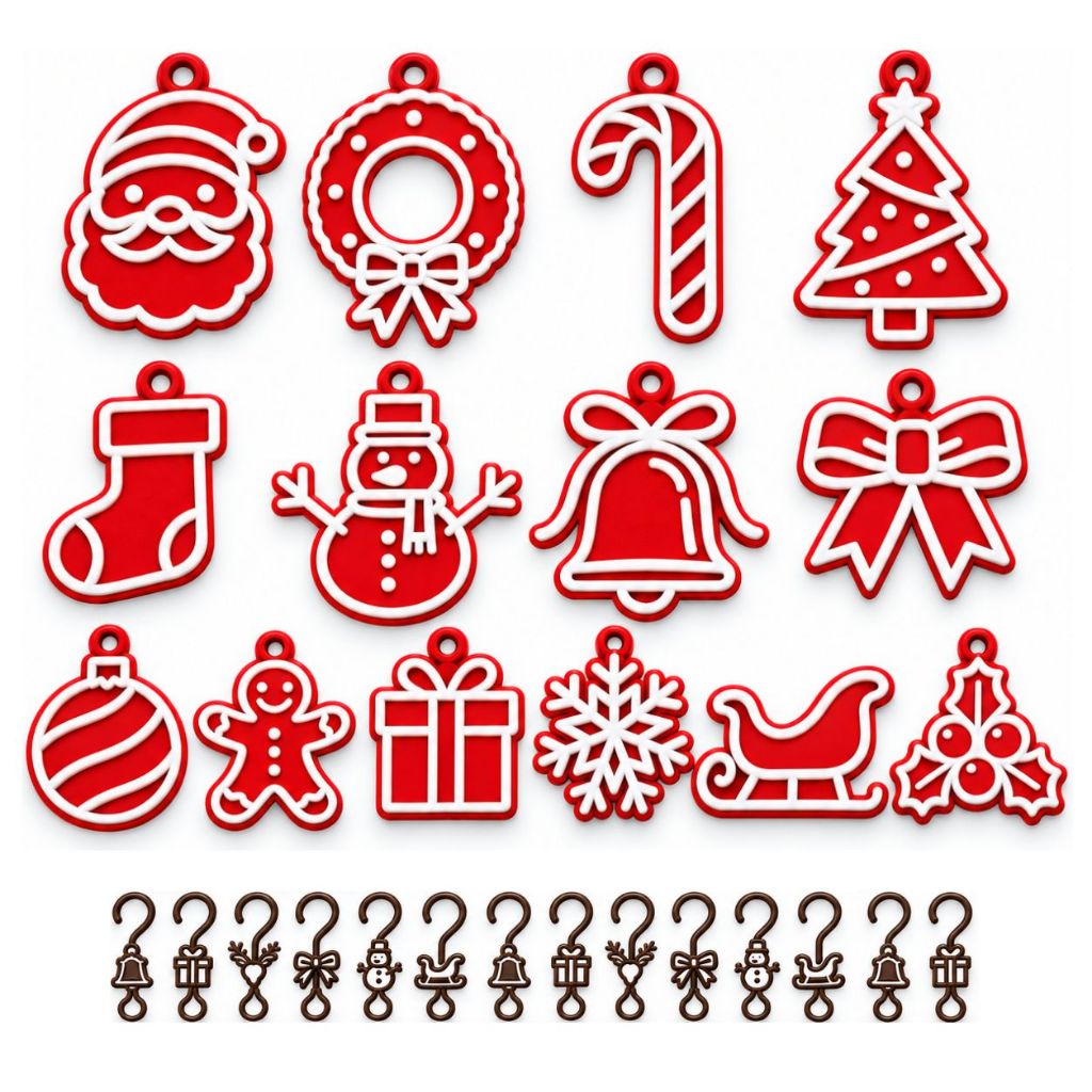 Kit 14 Enfeites Natalinos + 14 Ganchos Decorativos Árvore de Natal Papai Noel Guirlanda Rena Biscoito Presente Decoração