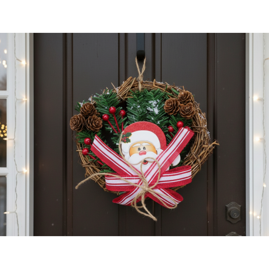 Guirlanda de Natal Papai Noel Decorativo – 18x18cm – Enfeite Natalino de Porta Elegante Premium