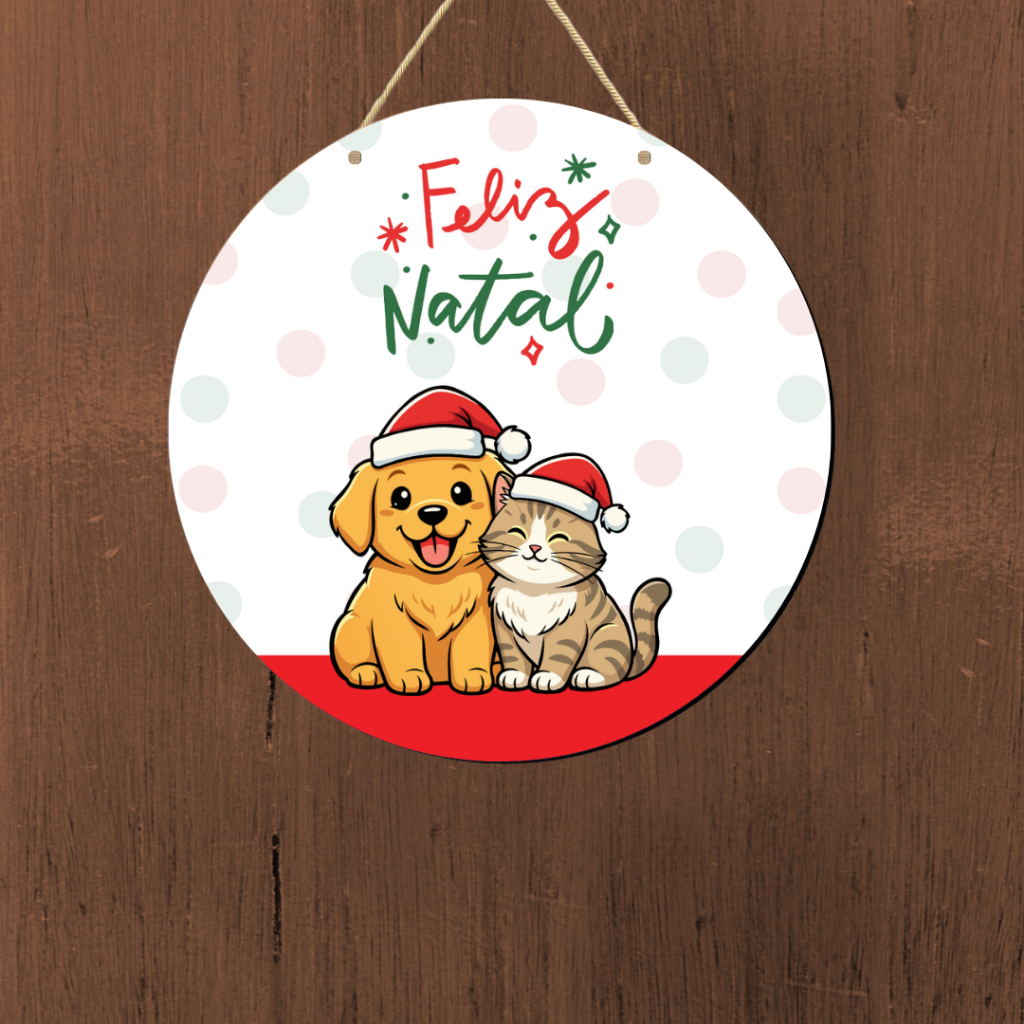 Enfeite de Porta Natalino Cachorro e Gato Fofo • Guirlanda Natal • Decoração MDF 20X20 CM