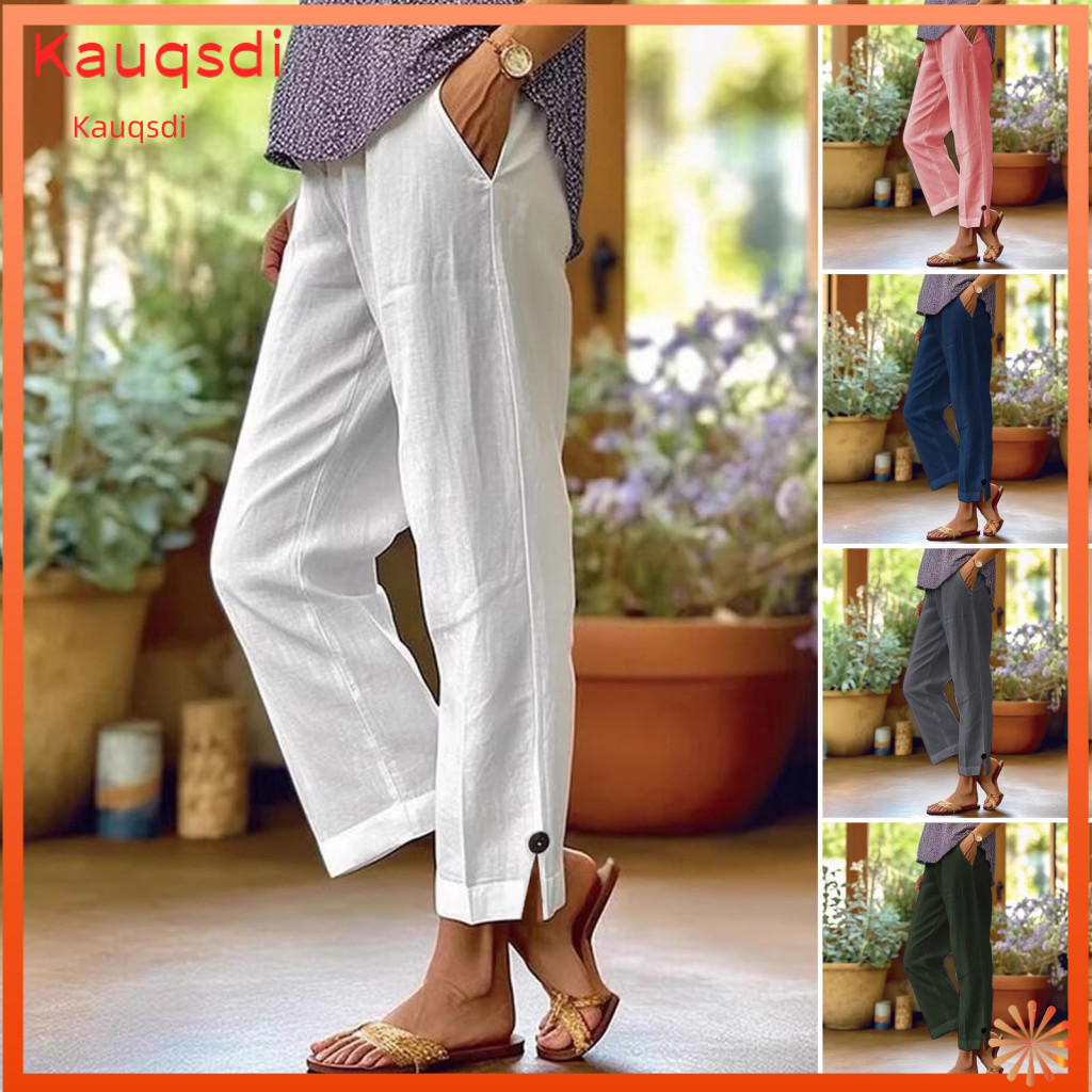 Women Pants Work Exercise Women’s Elastic Waist Mid-rise Loose Fit with Pockets Straight Leg Long Trousers for Travel
