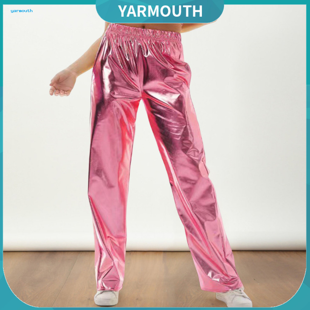 Solid Color Trousers Women Mid-rise Pants Women’s and Men’s Faux Leather Elastic Waist Loose Fit Straight Long – C