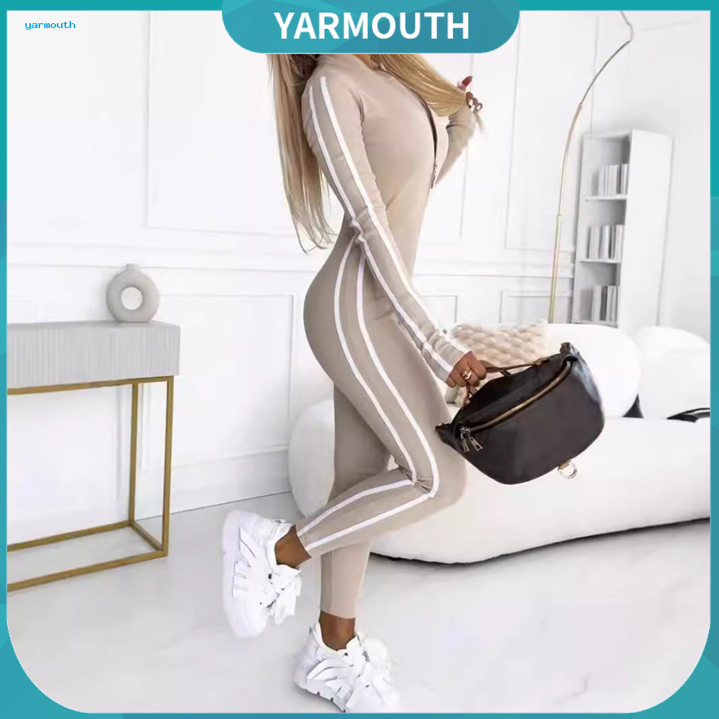 Women Jumpsuit Women’s Sport Striped Zipper Fitness Gym Outfit Skinny Compression Elastic Mid Waist Solid Color Active