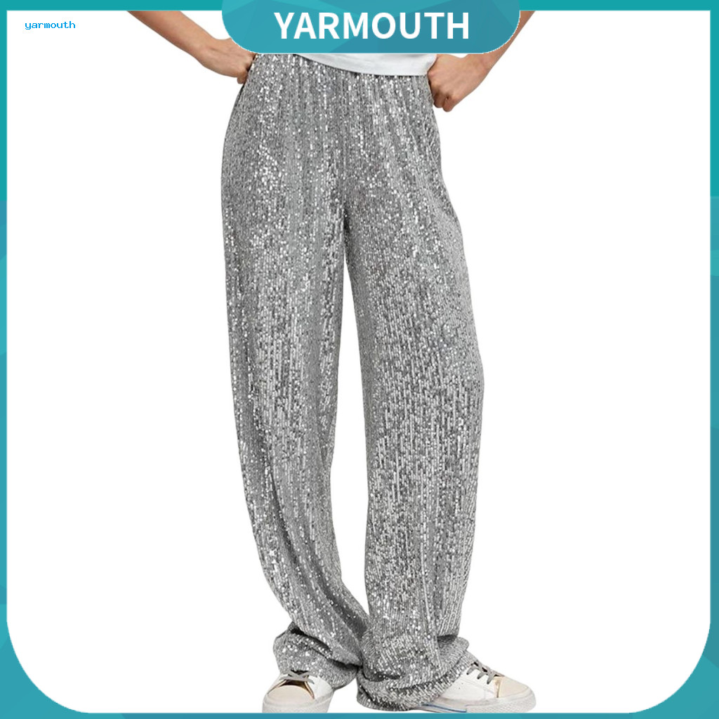 Women Commuter Pants Women’s Wide Leg Elastic Waist Mid-rise Trousers Shiny Sequins Style Comfortable Long Straight fo