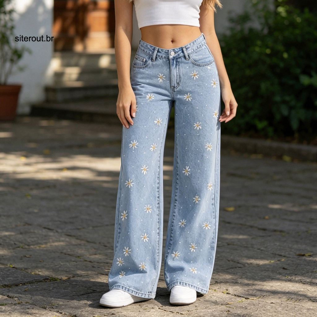 Women Jeans Button Closure Girls' Bow Cherry Print Wide Leg Baggy Mid Waist Elastic Casual Denim Pants with Zipper Fly P