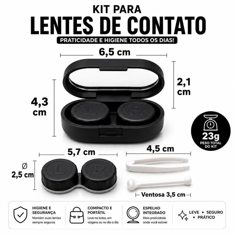 Kit Estojo Porta Lentes de Contato Rigida Gelatinosa com Espelho Pinça Aplicador Ventosa