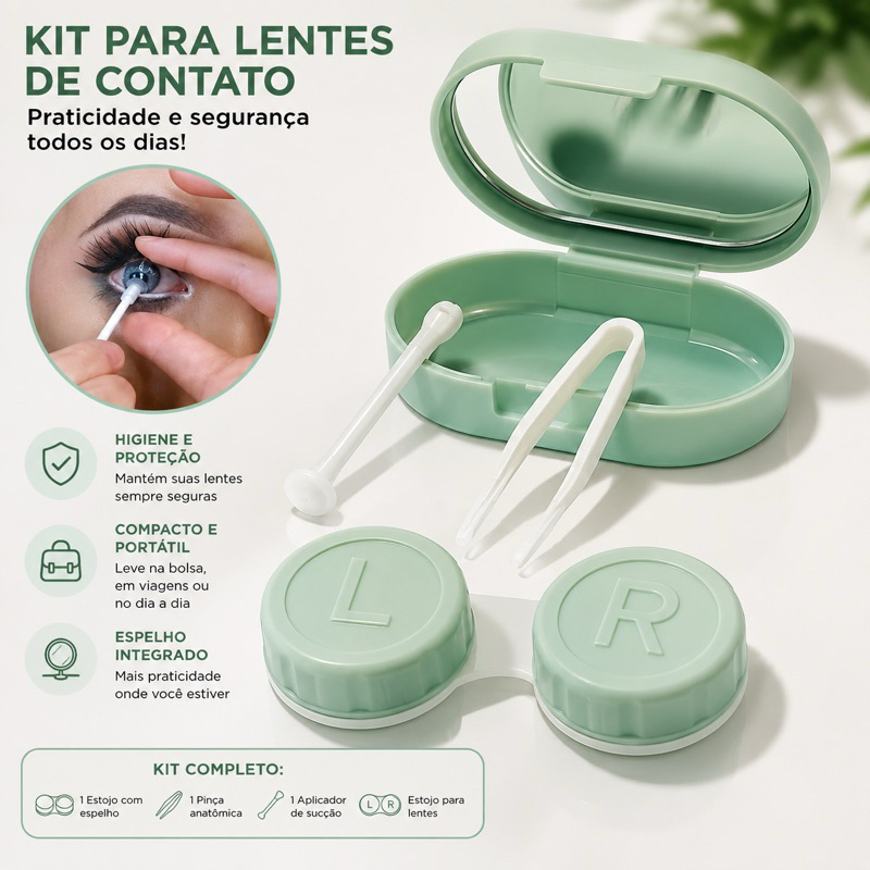 Kit Estojo Porta Lentes De Contato Rígido Ou Gelatinoso Com Espelho Pinça Aplicador Ventosa