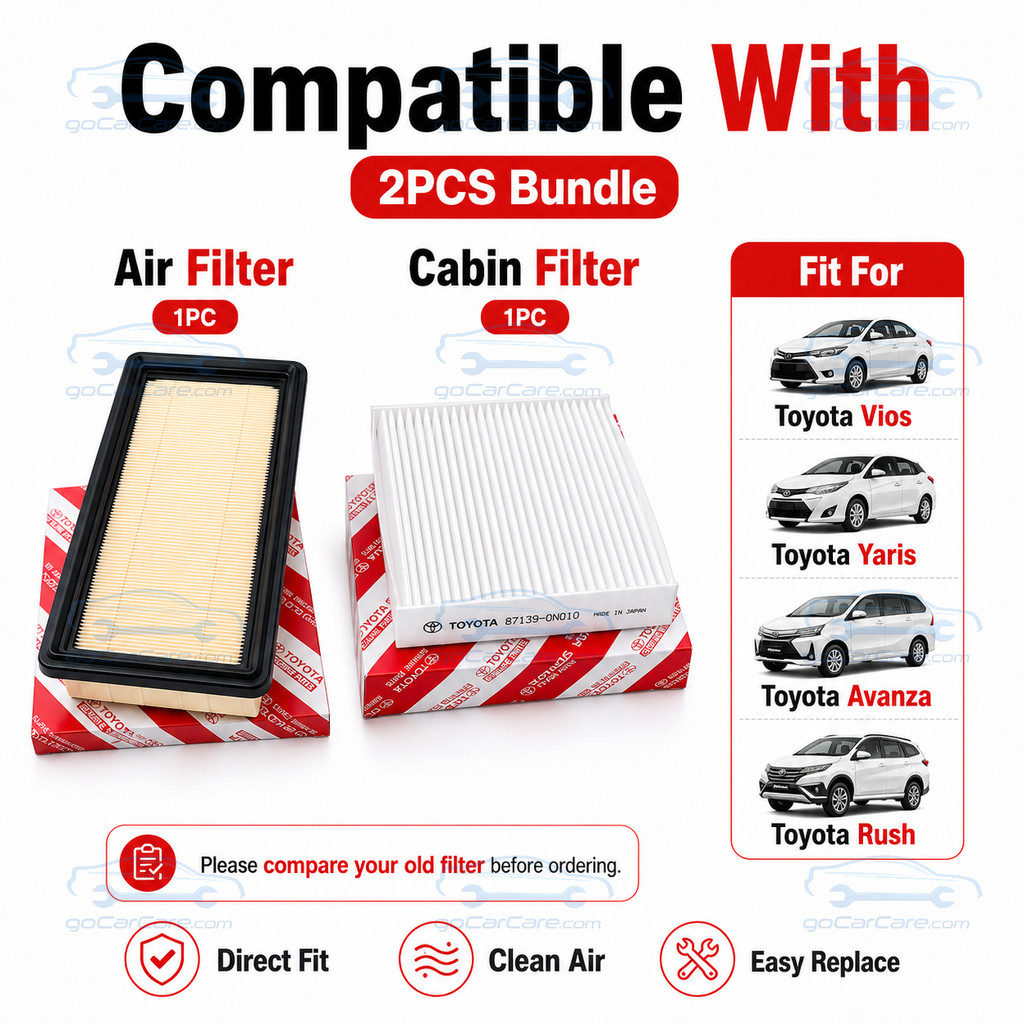 Filtro de Ar e Filtro de Cabine para Modelos Toyota Vios, Corolla, Altis, Yaris, Wigo, Avanza, Rush, Innova, Hilux, Fort