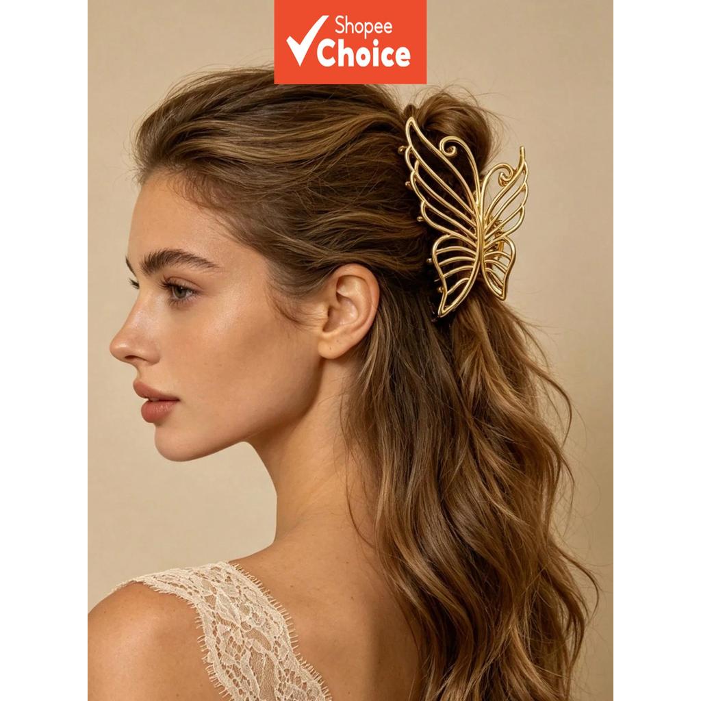 Grande Prendedor De Cabelo De Metal Com Gravata Borboleta Dourada , Garra De Tubarão Para Mulheres , Liga Galvanizada