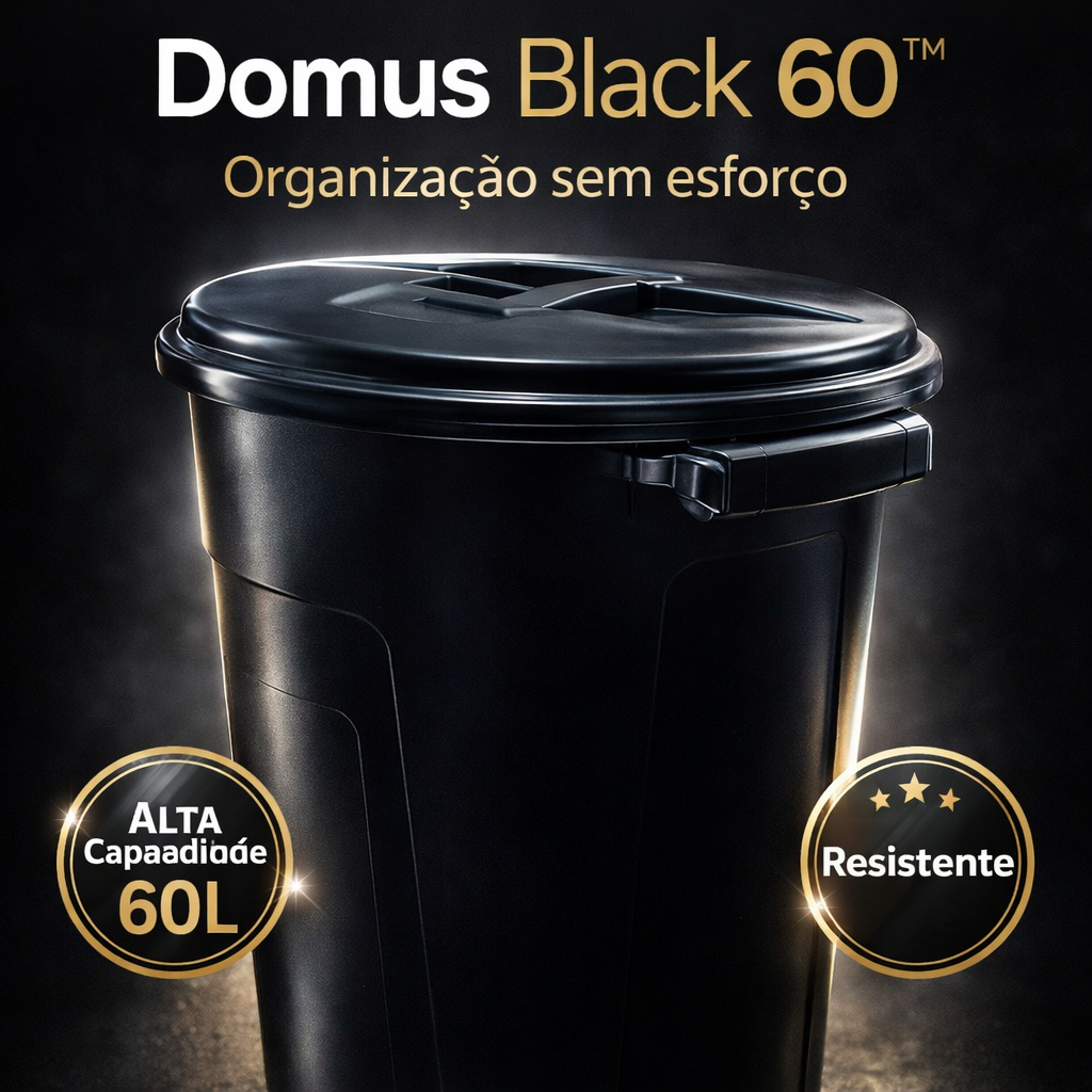Lixeira 60L com Tampa Resistente Preta Grande Cozinha Banheiro Domus Black 60™ Anti Odor