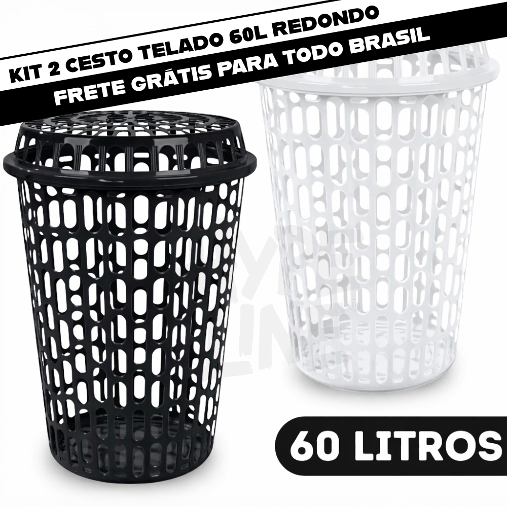 Cesto de Roupas Sujas Redondo com Tampa Telado 60l Plástico Reforçado Resistente Organizador Casa