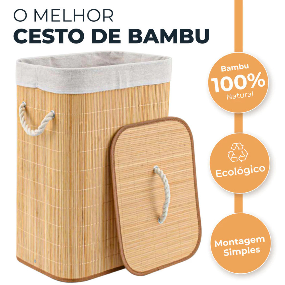 Cesto de Bambu com Tampa e Forro Dobrável e Resistente 60L e 70L