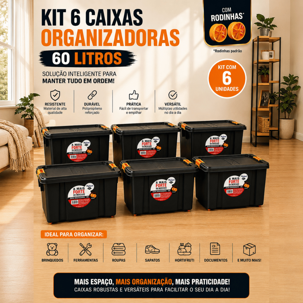 Kit Caixa Organizadora 60L Resistente com Rodinhas Tampa Roupa Brinquedo Ferramenta Multiuso Oferta!