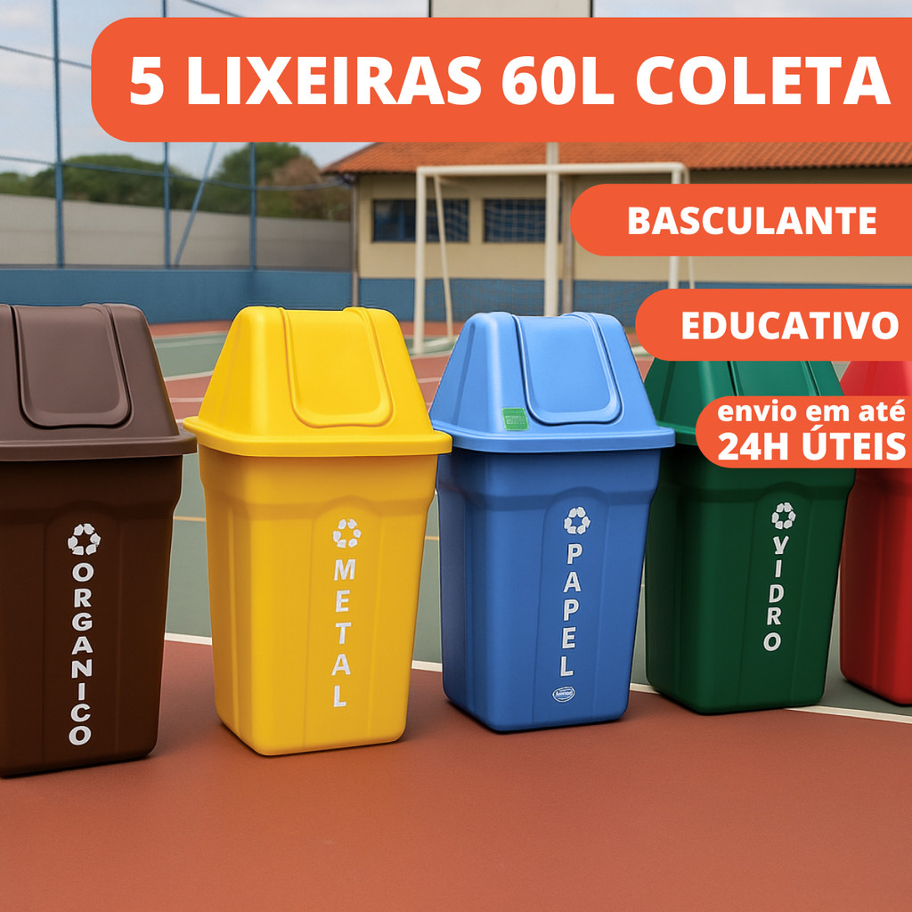 Kit 5 Lixeiras Coleta Seletiva Reciclagem 60L 5 Cores Resistente Tampa Basculante